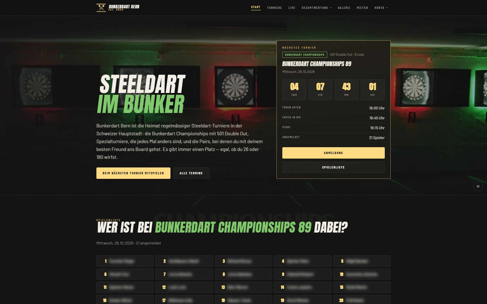 Startseite von Bunkerdart Bern mit Countdown zum nächsten Turnier